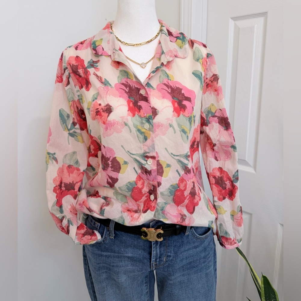 Madewell Watercolor Floral Button Down Shirt Pink Cotton Blouse Size S
